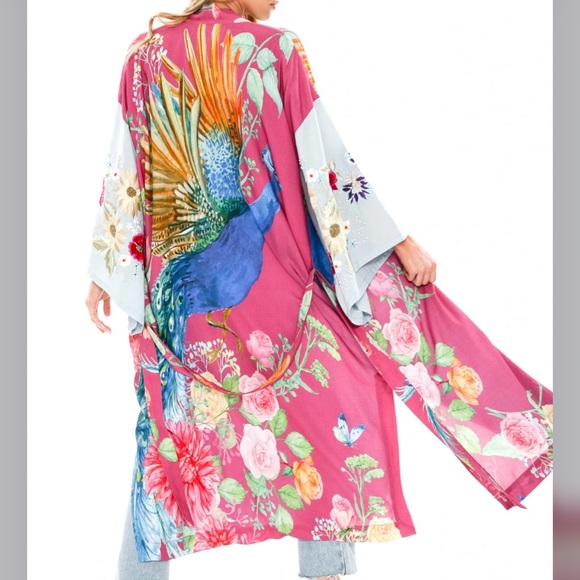 The Marie Antoinette Boho Double Layer Luxury Kimono Duster In Bird Floral Print - Picture 10 of 13